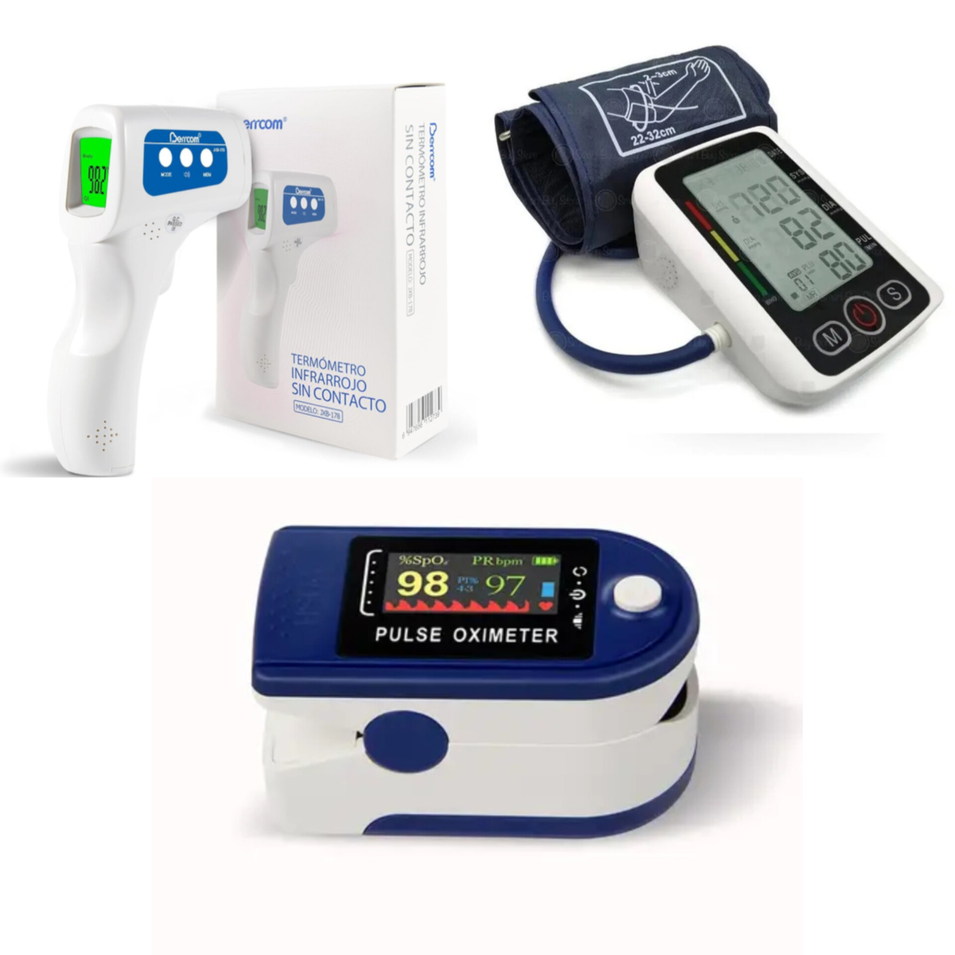 Combo Salud # 2 Tensiómetro Digital Brazo + Oxímetro Oxigeno en Sangre + Termometro Digital Infrarrojo